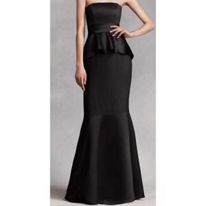 White by Vera Wang Black Satin & Matte Crepe Peplum Mermaid Gown with Satin Sash